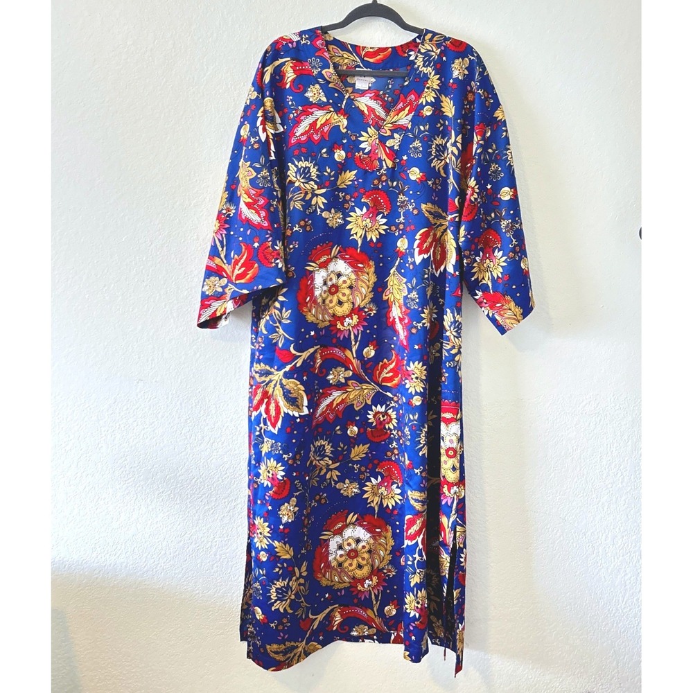 Natori Floral Paisley Caftan Robe Blue Red Gold V-Neck Side Pockets SZ L